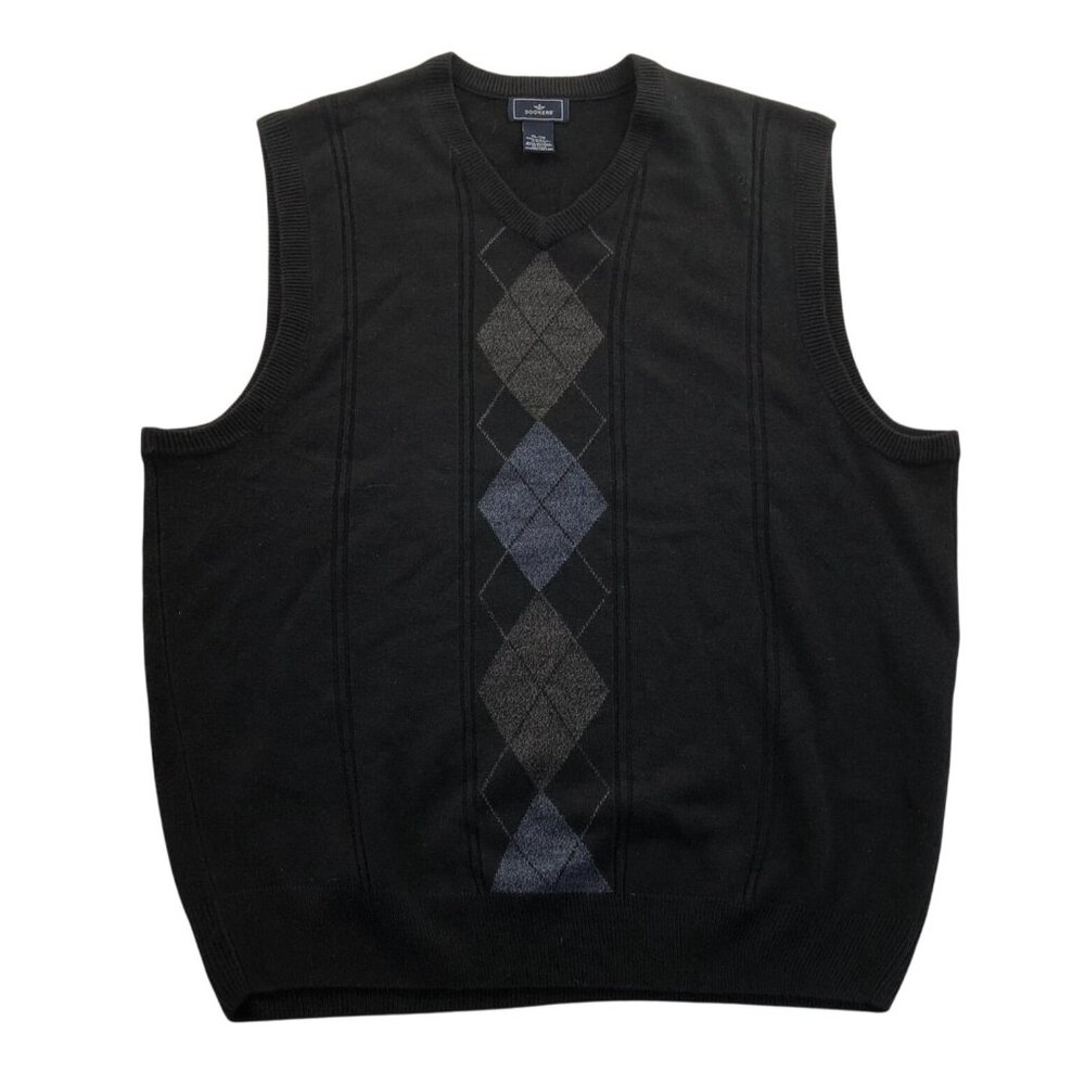 Dockers Mens Vest Sweater XL Black Argyle Knit Pullover V-Neck Cotton Casual